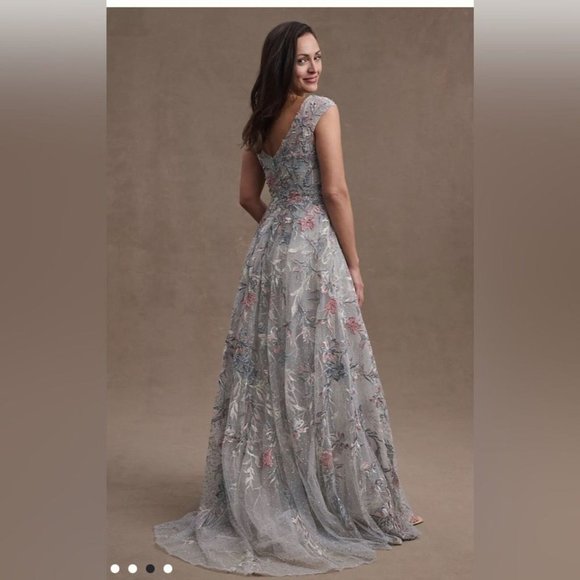 NWT MAC‎ DUGGAL EMBROIDERED ILLUSION CAP SLEEVE A LINE GOWN SILVER 20263 - Picture 4 of 8